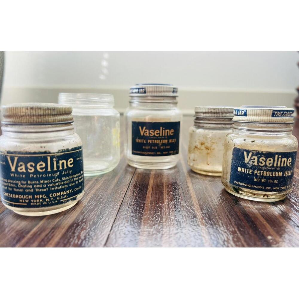 1950s Vaseline Jars Miniature Chesebrough Blue Seal Glass First-Aid Burns Baby